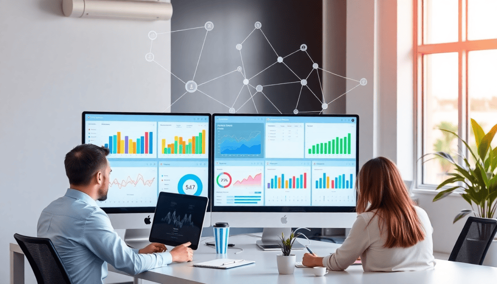 Two professionals analyzing data on dual monitors in an office setting, illustrating NinjaCat alternatives like best NinjaCat competitors and reporting software for agencies, focusing on automated marketing reports, client dashboard platforms, and cross-channel reporting tools.