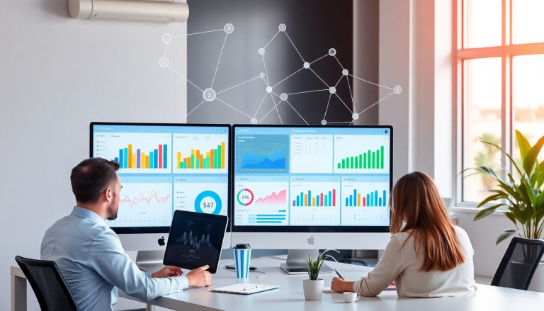 Two professionals analyzing data on dual monitors in an office setting, illustrating NinjaCat alternatives like best NinjaCat competitors and reporting software for agencies, focusing on automated marketing reports, client dashboard platforms, and cross-channel reporting tools.