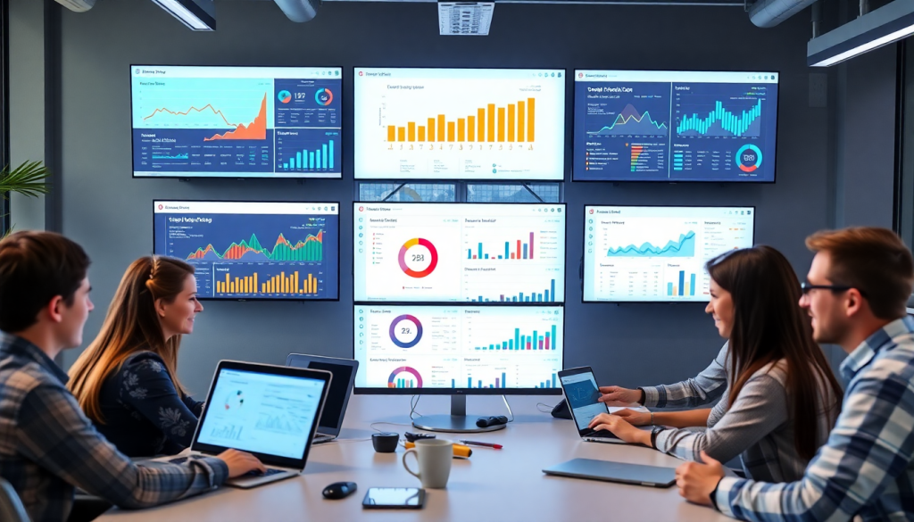 Collaborative team using NinjaCat alternative for automated marketing reports and agency reporting automation with cross-channel reporting tools and white-label analytics software displayed on screens.