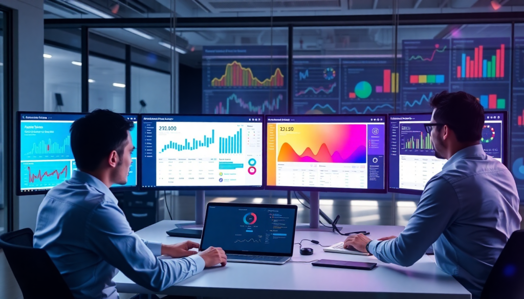 Professionals analyzing graphs and data on computer screens for agency reporting automation and cross-channel reporting tool comparisons, highlighting best NinjaCat competitors and reporting software for agencies.