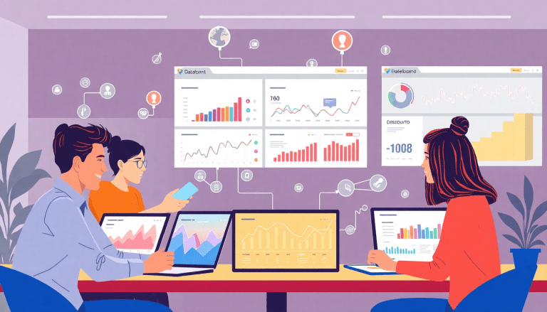AI data visualization tool for marketing teams, featuring marketing analytics automation, AI reporting assistant, automated dashboard creation, and cross-channel performance tracking, with professionals analyzing graphs and charts on laptops for client analytics and campaign performance insights.