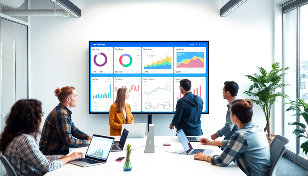 Marketing team utilizing AI data visualization tool for marketing analytics automation, featuring AI reporting assistant, automated dashboard creation, cross-channel performance tracking, and campaign performance insights.