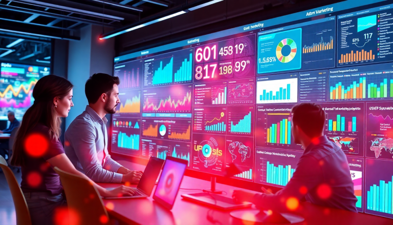 AI data visualization tool for marketing teams displaying dynamic marketing analytics automation, AI reporting assistant features, automated dashboard creation, cross-channel performance tracking, and client analytics automation on a digital screen with professionals analyzing data.