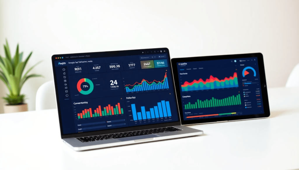 Digital marketing KPI dashboard showcasing marketing metrics visualization, performance tracking, and campaign KPI monitoring with interactive performance metrics and automated reports on a laptop and tablet.