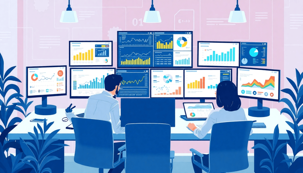 Two professionals analyzing data on multiple screens showcasing automated marketing reports, cross-channel reporting, and client dashboard platforms, an ideal NinjaCat alternative and Supermetrics competitor for agencies seeking agency reporting automation, white-label analytics, and campaign performance tracking.