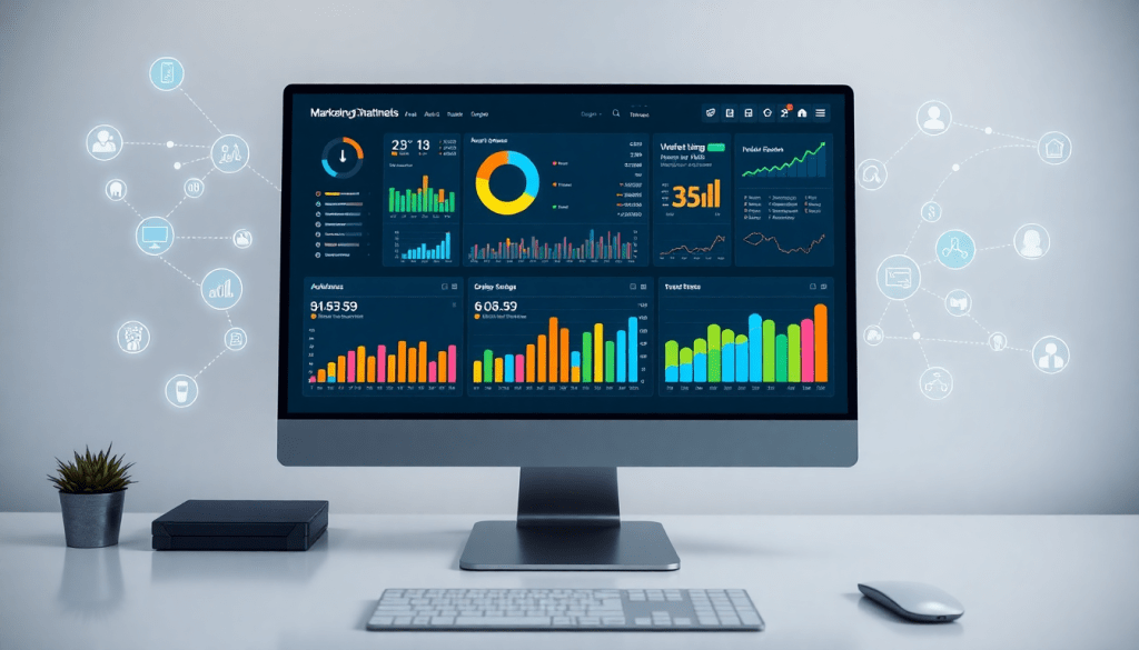 Marketing dashboard automation displaying AI-powered dashboard creation, real-time analytics, multi-channel data aggregation, and automated reporting workflows for improved campaign performance.
