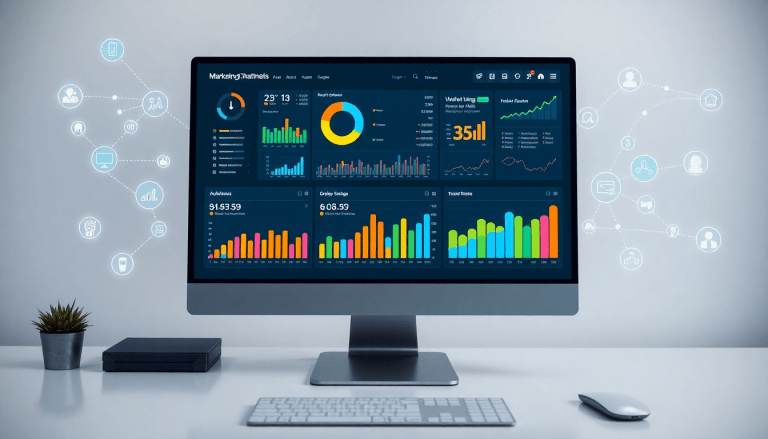 Marketing dashboard automation displaying AI-powered dashboard creation, real-time analytics, multi-channel data aggregation, and automated reporting workflows for improved campaign performance.