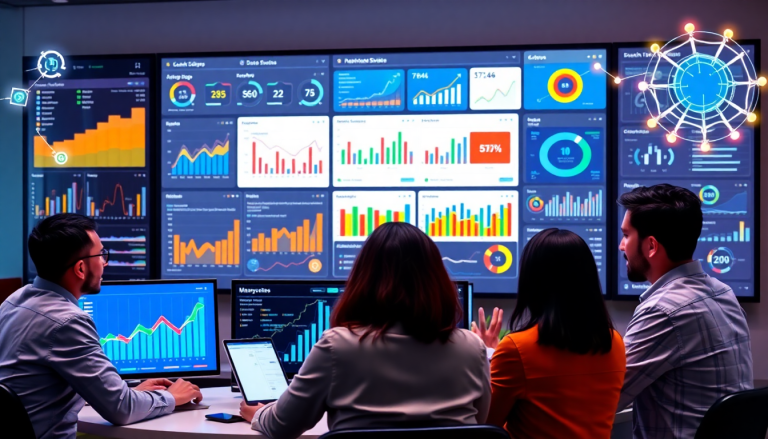 Team using AI data visualization tool for marketing analytics automation, AI reporting assistant, and automated dashboard creation to track cross-channel performance and client analytics, showcasing campaign performance insights on the TapClicks AI platform and ROI tracking dashboard.