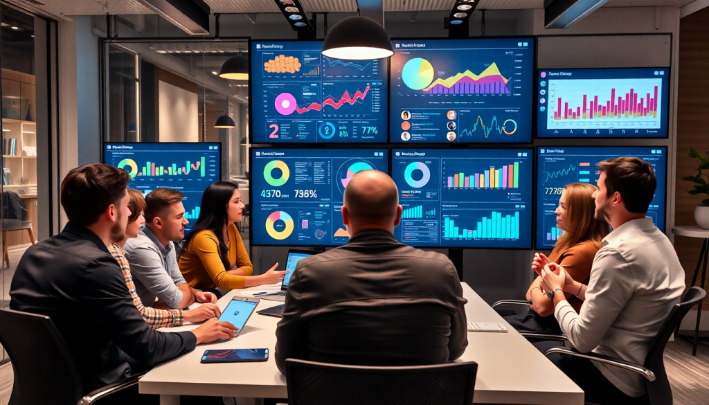 Team discussing best marketing reporting software with a marketing analytics dashboard displaying automated performance reports, cross-channel analytics, and digital marketing data visualization in a conference room.