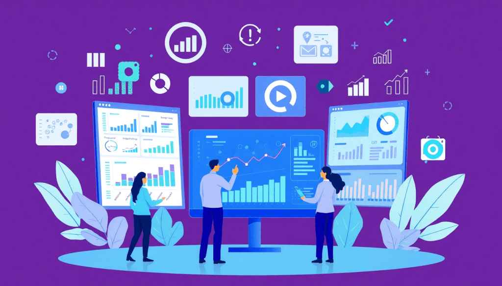 Illustration of professionals using a client dashboard platform for automated marketing reports and agency reporting automation, highlighting a NinjaCat alternative and best competitors like TapClicks and Supermetrics, showcasing campaign performance tracking and cross-channel reporting tools with white-label analytics software.