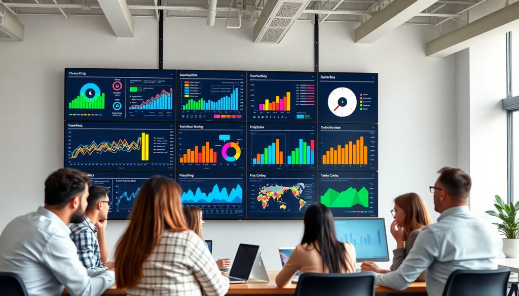 Marketing team utilizing an AI data visualization tool for marketing teams with AI-powered dashboards and interactive data reports, showcasing real-time marketing metrics and campaign performance insights in a digital performance dashboard.
