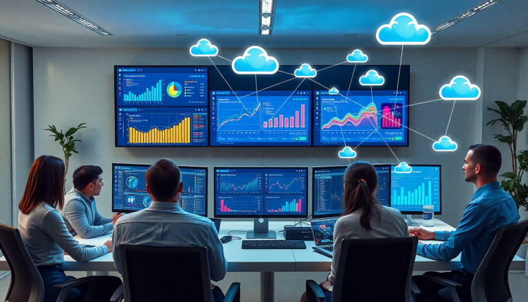 Team collaborating in an office using marketing dashboard automation software with AI-powered dashboard creation, real-time marketing analytics, and multi-channel data aggregation displayed on multiple screens.