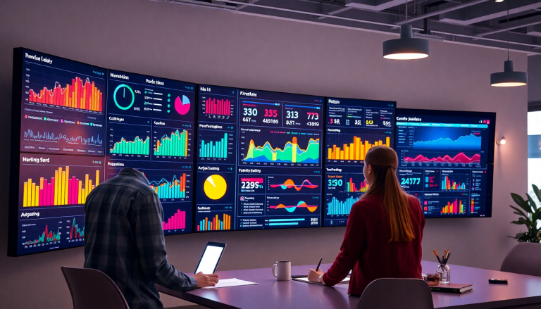 Marketing team analyzing automated KPI reporting dashboard for cross-channel performance tracking and ROI insights using TapClicks AI platform for client analytics automation and marketing data visualization.
