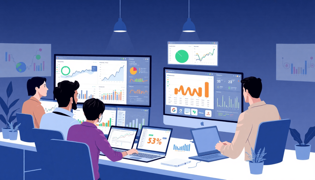 Team analyzing data on screens, exploring NinjaCat alternatives and competitors for automated marketing reports in a client dashboard platform.