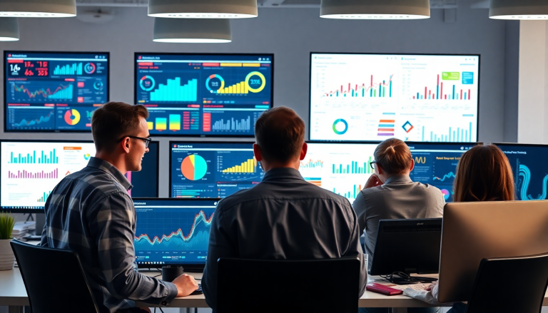 Marketing team using AI data visualization tool showcasing interactive dashboards for automated marketing analytics and real-time campaign performance insights.