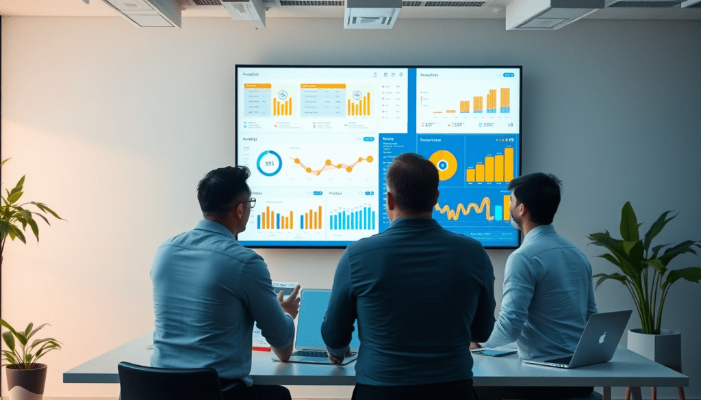 Three professionals analyzing a marketing analytics dashboard on a large screen, showcasing automated performance reports and digital marketing data visualization.