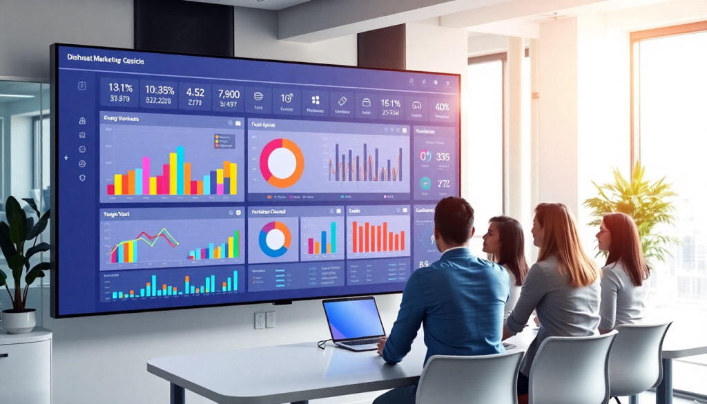 Office setting with professionals viewing a large digital marketing analytics dashboard displaying automated performance reports, agency reporting automation, client dashboard insights, cross-channel analytics, and performance marketing KPIs as part of a reporting automation platform comparison.