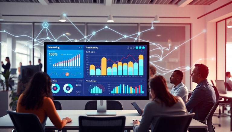 Team working on a marketing dashboard automation with real-time analytics, AI-powered dashboard creation, and multi-channel data aggregation in a modern office setting.