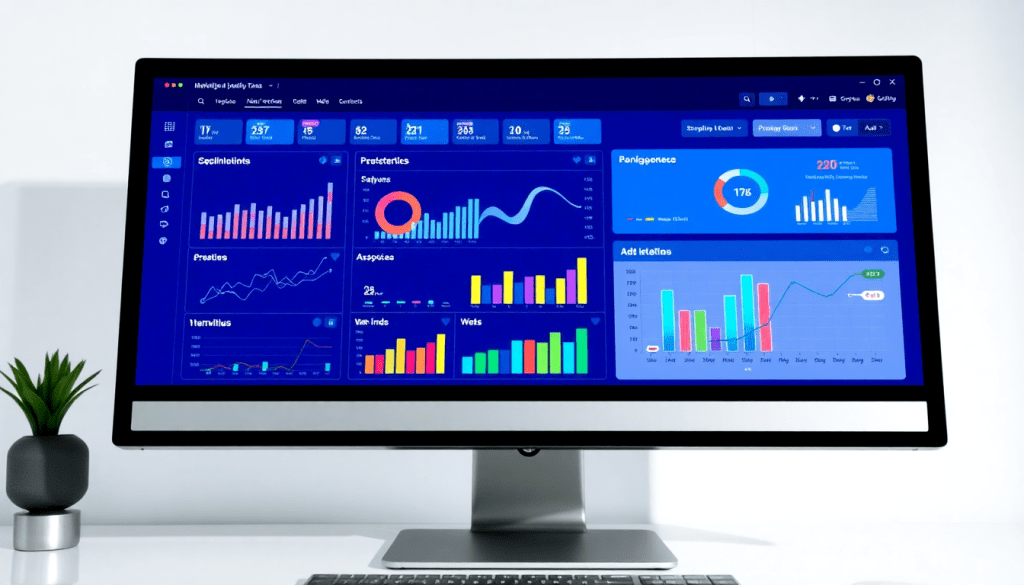 Multi-channel analytics dashboard displaying cross-channel marketing analytics, performance tracking, marketing data aggregation, and campaign performance visualization on a computer screen.
