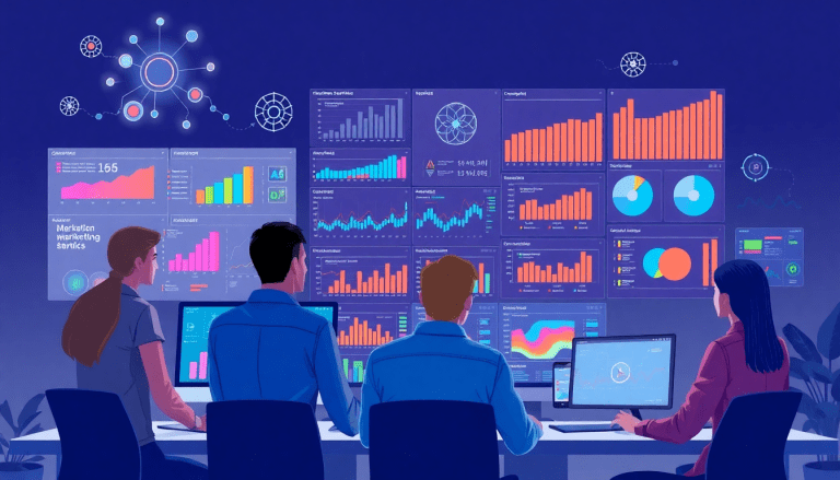 Marketing team utilizing AI data visualization tool for marketing analytics automation, including automated dashboard creation, cross-channel performance tracking, and ROI tracking dashboard on TapClicks AI platform.