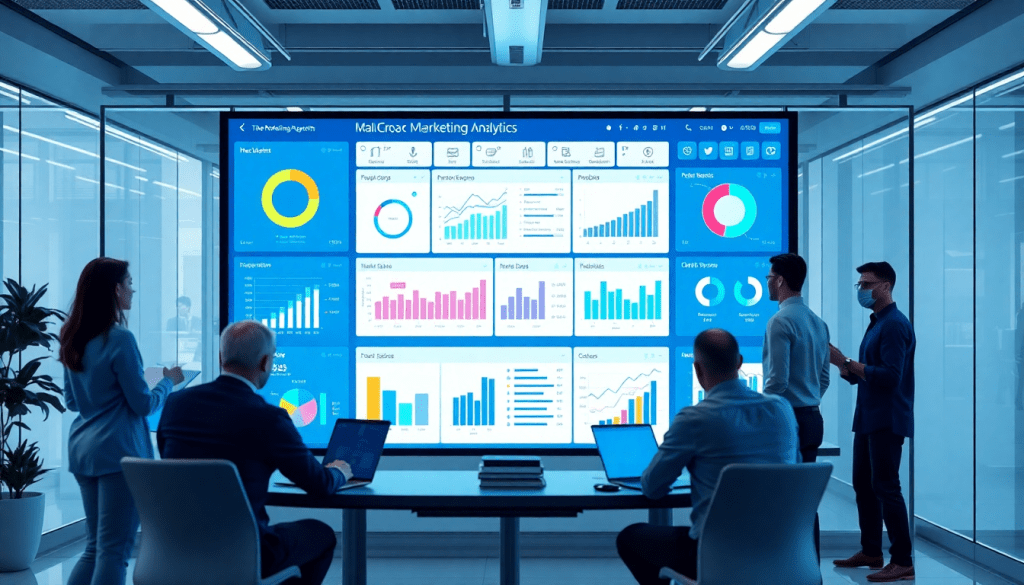 Marketing team analyzing data on a marketing analytics dashboard with automated performance reports and cross-channel analytics for agency reporting automation and client dashboard insights.