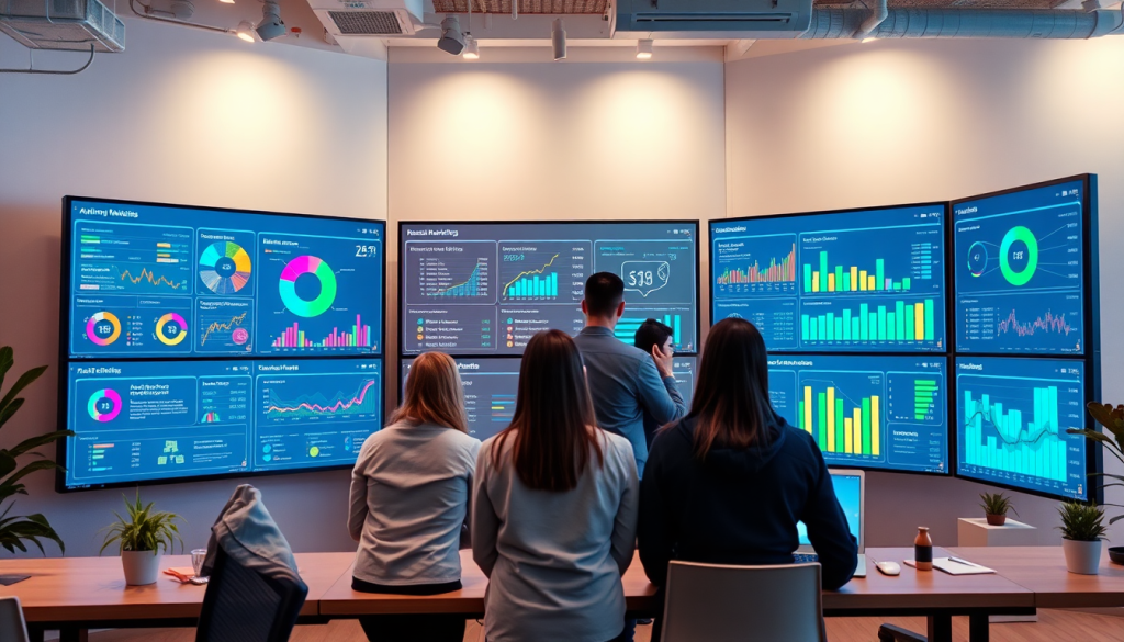 Team analyzing marketing analytics dashboard on multiple screens for automated performance reports and agency reporting automation, featuring insights from TapClicks and Funnel.io comparison for cross-channel analytics and digital marketing data visualization.