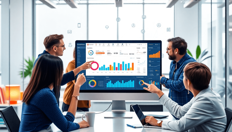 Team discussing marketing analytics dashboard with digital marketing data visualization on a screen, showcasing automated performance reports and cross-channel analytics for agency reporting automation and client dashboard insights.