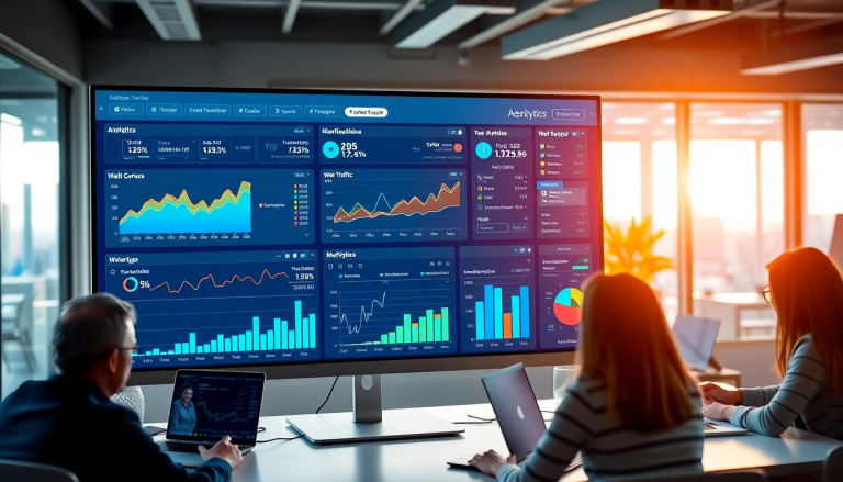 Multi-channel analytics dashboard in a modern office, showcasing cross-channel marketing analytics and performance tracking.
