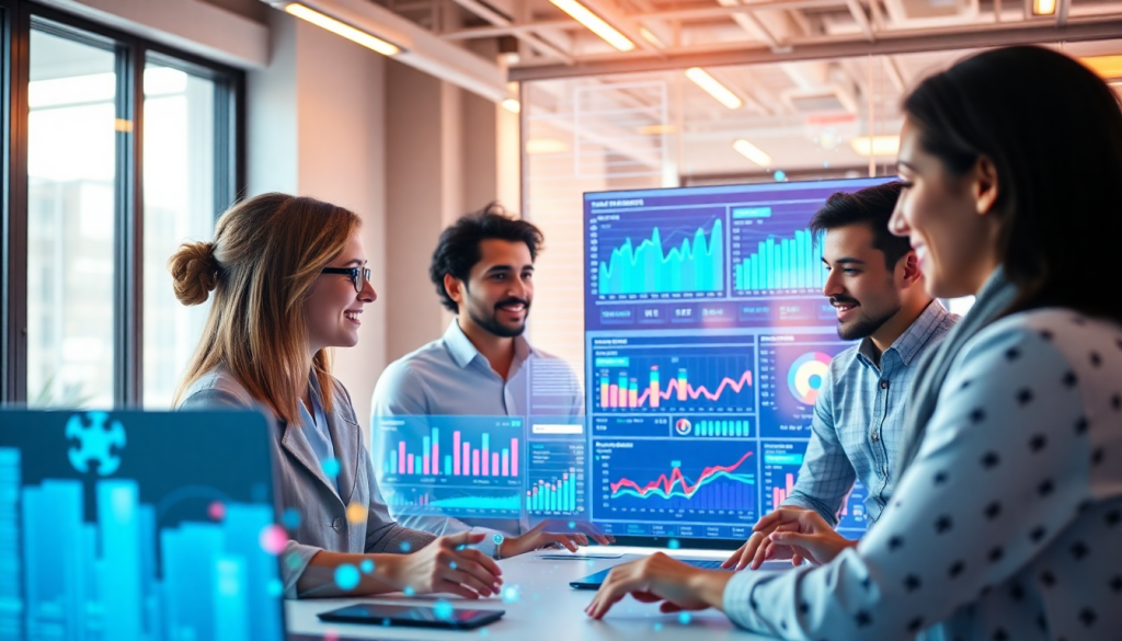 Marketing team using an AI data visualization tool for marketing analytics automation, featuring automated dashboard creation and cross-channel performance tracking.