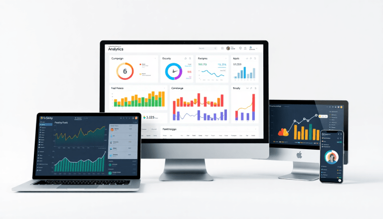 Performance marketing reporting software displayed on various devices, showcasing automated campaign reporting, performance analytics tool, ad spend optimization dashboard, ROAS tracking platform, conversion rate analytics, digital advertising insights, cross-channel campaign tracking, performance marketing automation, paid media dashboard, and client performance reports.