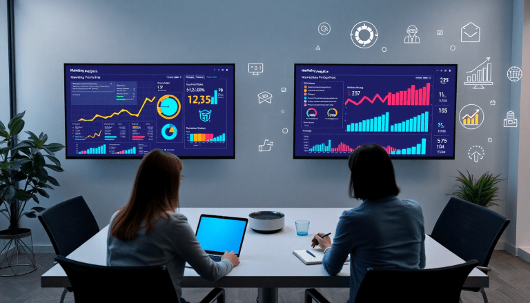 Marketing dashboard automation with two professionals reviewing marketing analytics dashboard including automated performance reports, showcasing agency reporting automation and client dashboard insights, illustrating cross-channel analytics, featured on Tapclicks reporting platform with Funnel.io comparison and digital marketing data visualization, focused on performance marketing KPIs.