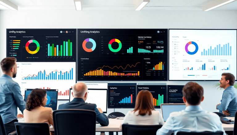 Team reviewing performance marketing reporting software featuring automated campaign reporting, ad spend optimization dashboard, and cross-channel campaign tracking on multiple screens.