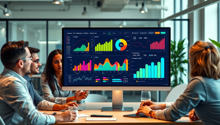 AI data visualization tool for marketing teams showcased on a monitor, illustrating marketing analytics automation, AI reporting assistant, automated dashboard creation, cross-channel performance tracking, and campaign performance insights.