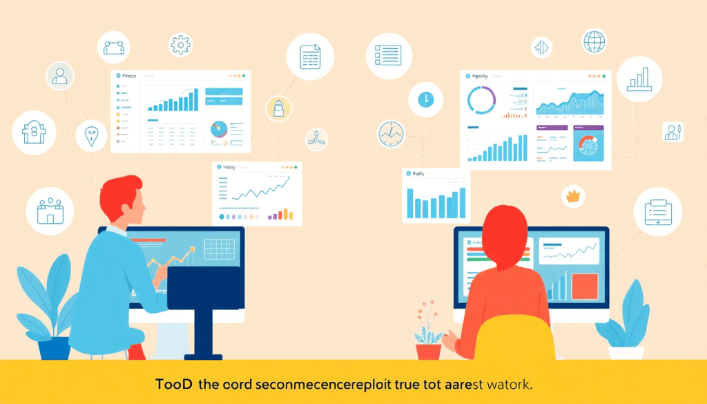 Two people working on computers with data charts and graphs, representing reporting software for agencies and alternative solutions like NinjaCat competitors, automated marketing reports, and white-label analytics software.