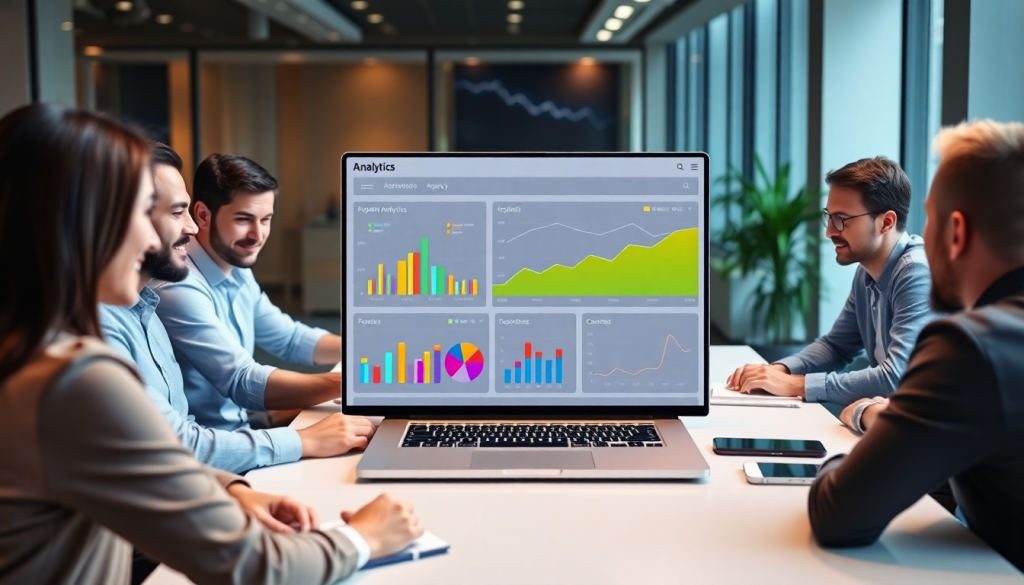 Team discussing a marketing analytics dashboard on a laptop, showcasing automated performance reports, agency reporting automation, client dashboard insights, and cross-channel analytics.