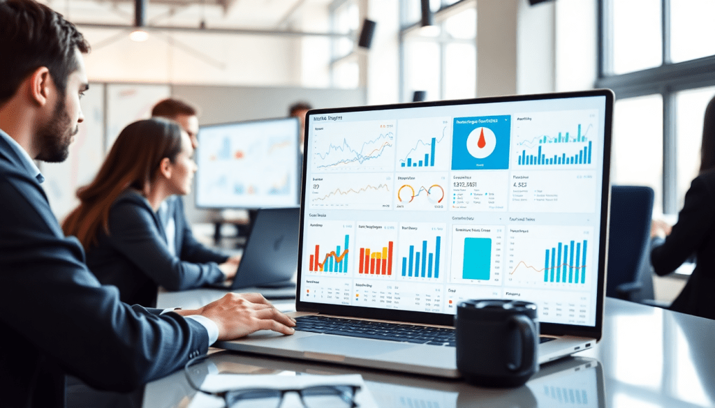 Business professionals analyzing a marketing analytics dashboard on a laptop, focused on automated performance reports and agency reporting automation for client dashboard insights and cross-channel analytics.