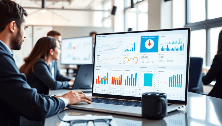 Business professionals analyzing a marketing analytics dashboard on a laptop, focused on automated performance reports and agency reporting automation for client dashboard insights and cross-channel analytics.
