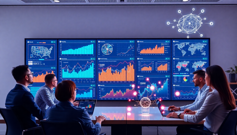 Professional team analyzing data on large screens using AI marketing data integration tool, TapClicks, highlighting industry-specific benefits.