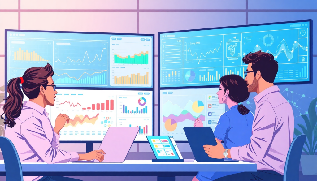 Marketing team using an AI data visualization tool for automated marketing analytics, featuring AI-powered dashboards for cross-channel visualization and campaign performance insights on interactive data reports.