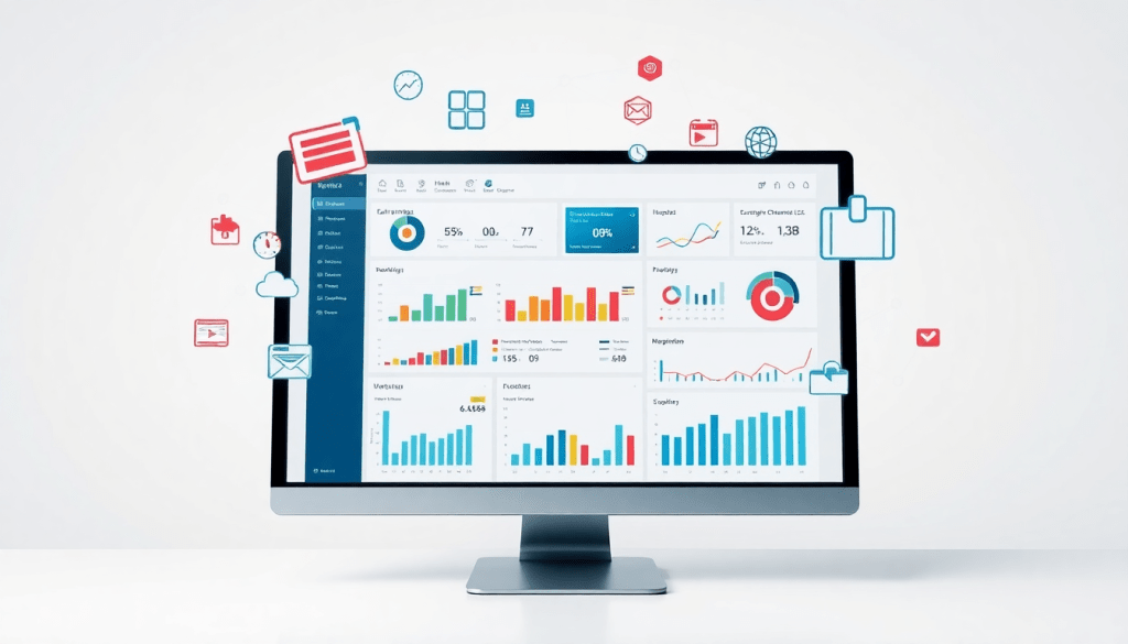 Computer screen displaying a digital marketing analytics dashboard for Funnel.io alternative featuring automated performance reports, agency reporting automation, and cross-channel analytics.