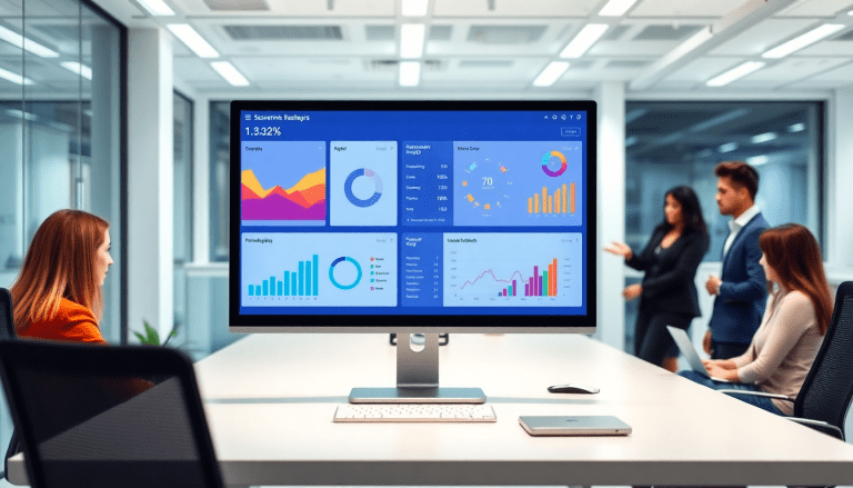 White-label marketing dashboard for agencies displaying customizable client dashboards, branded analytics software, and cross-channel agency reporting tools in an office setting.