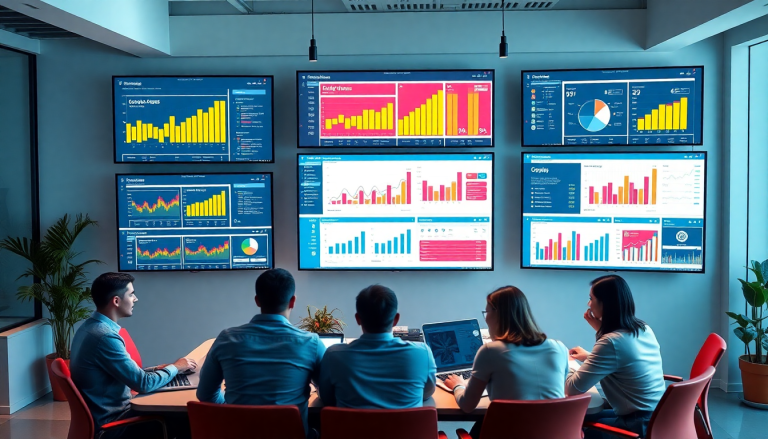 People using reporting software for agencies in a modern office with dashboards, showcasing automated marketing reports and campaign performance tracking as a NinjaCat alternative.