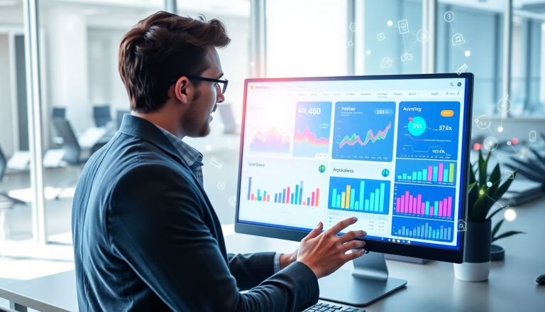 Professional analyzing an automated KPI reporting dashboard on a computer screen, showcasing marketing analytics automation, AI reporting assistant features, automated dashboard creation, cross-channel performance tracking, and client analytics automation for enhanced marketing data visualization and ROI tracking using the TapClicks AI platform.