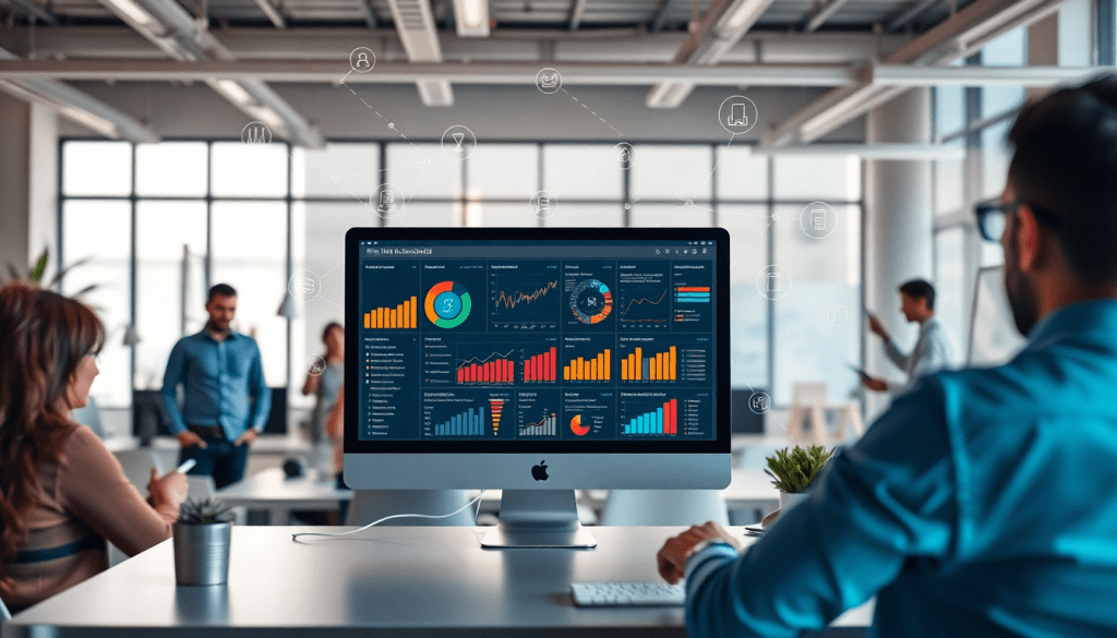 Modern office environment showcasing a marketing analytics dashboard on a computer, highlighting automated performance reports, agency reporting automation, and cross-channel analytics.