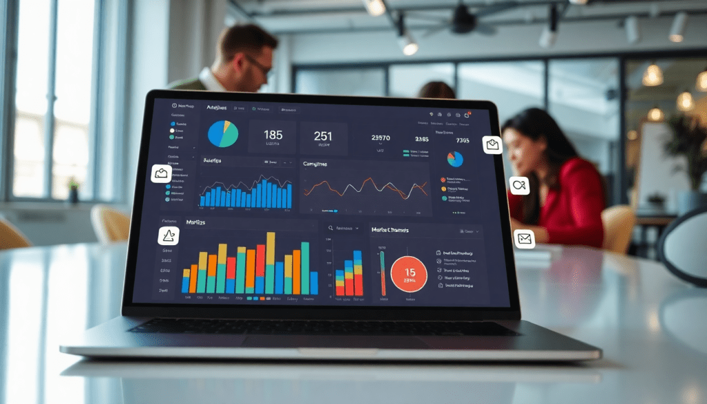 Multi-channel analytics dashboard showcasing cross-channel marketing analytics, performance tracking, and integrated marketing metrics in an office setting.
