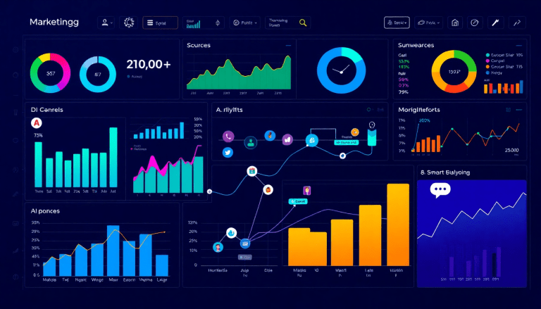 AI-powered marketing dashboard showcasing automated reporting workflows, real-time marketing analytics, and multi-channel data aggregation for campaign performance visualization.