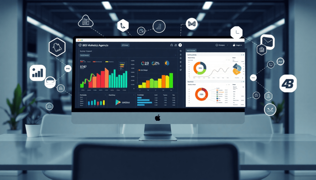 White-label marketing dashboard for agencies showcasing customizable client dashboards, branded analytics software, and automated data visualization for performance tracking across multiple channels.