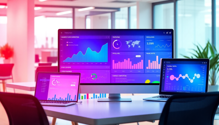 Automated KPI reporting dashboard showcasing marketing analytics automation, AI reporting assistant, and cross-channel performance tracking on multiple devices.