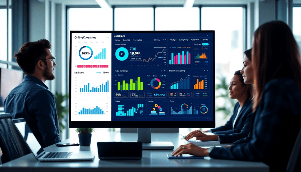 Team analyzing performance marketing reporting software on a large screen, featuring automated campaign reporting, ad spend optimization dashboard, ROAS tracking, and digital advertising insights.
