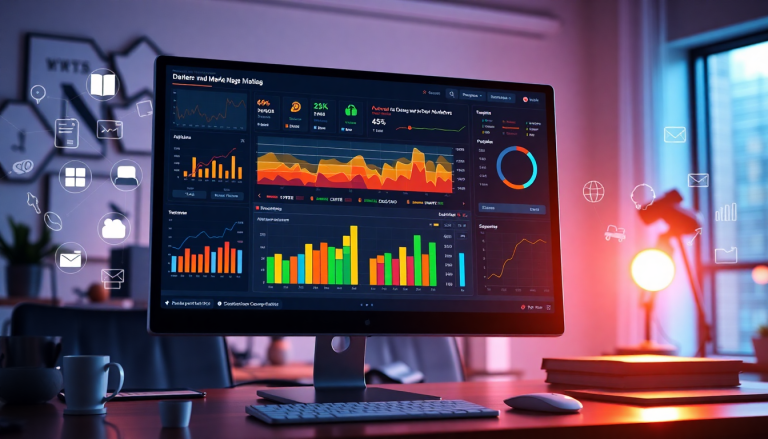 Performance marketing reporting software displaying automated campaign reporting, performance analytics, ad spend optimization dashboard, ROAS tracking, conversion rate analytics, digital advertising insights, cross-channel campaign tracking, performance marketing automation, paid media dashboard, and client performance reports on a computer screen in an office setting.